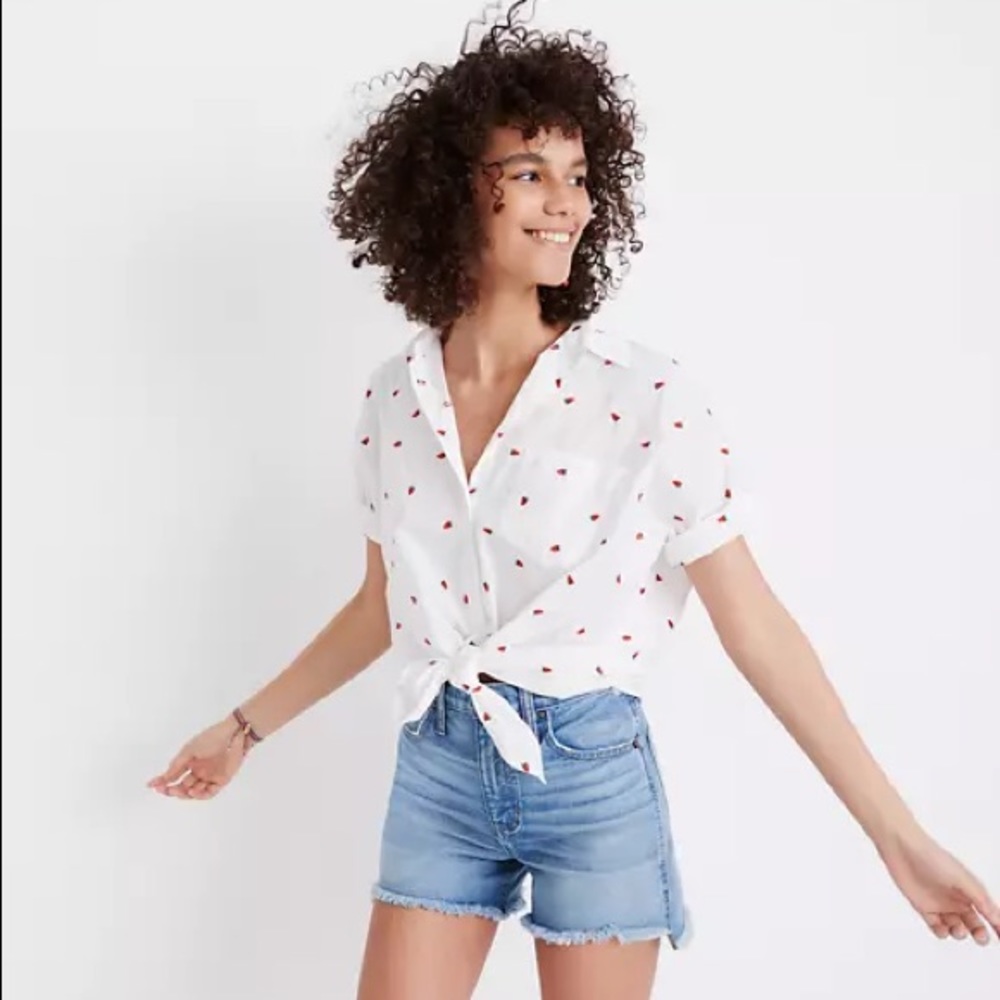 Madewell Embroidered Short-Sleeve Tie-Front Shirt Strawberry Print Size M - Picture 7 of 11